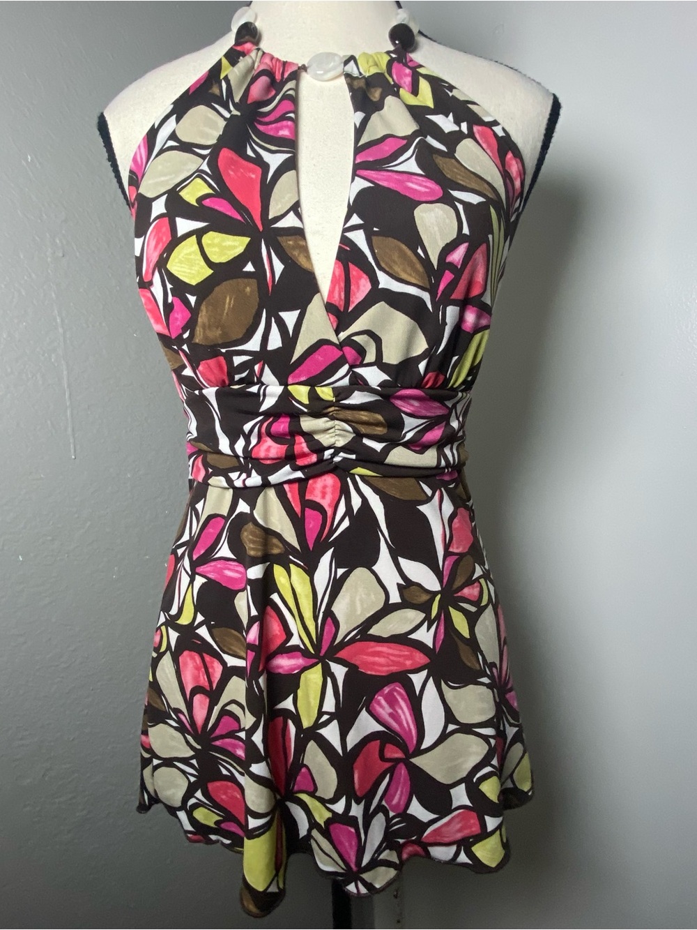 Y2K BCX Brown & Pink Multicolor Floral Beaded Tie Back Halter Top Size Small